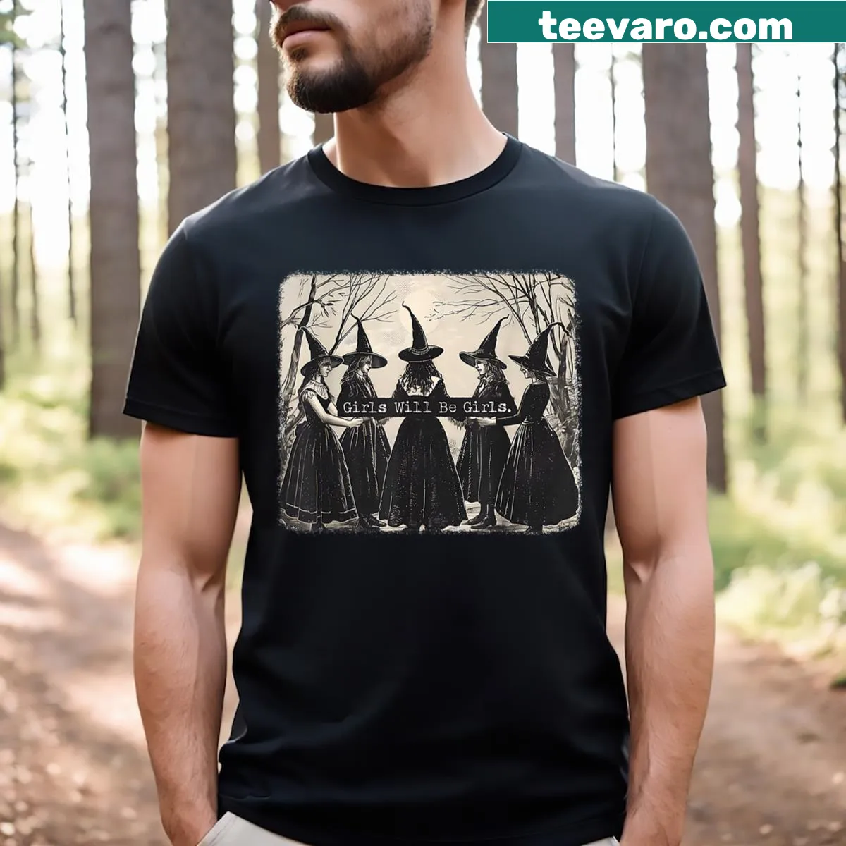 Funny feminist witch t-shirt with Halloween-themed text — on a men's t-shirt