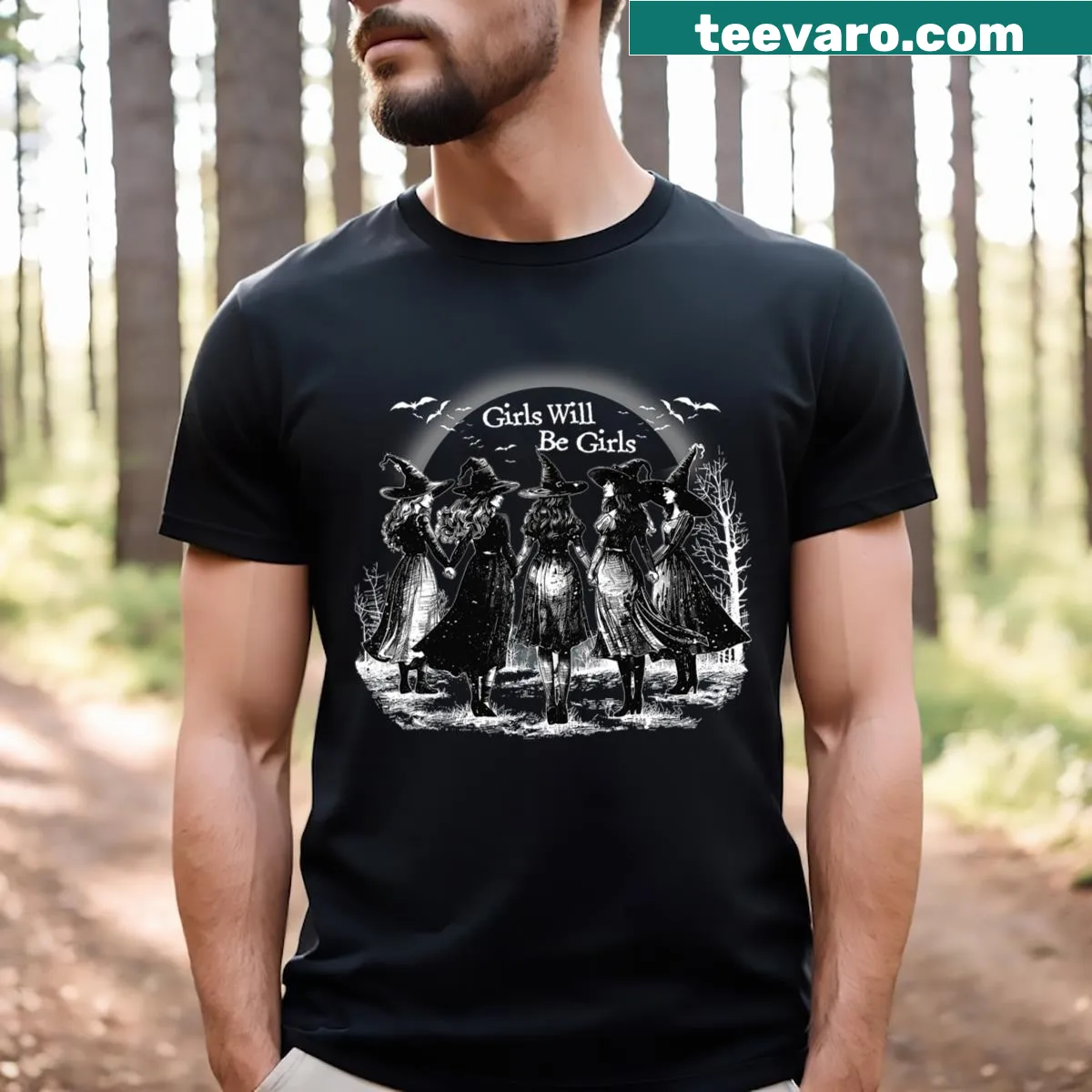 Playful typography with witch graphics on a Halloween-themed T-shirt — on a men's t-shirt