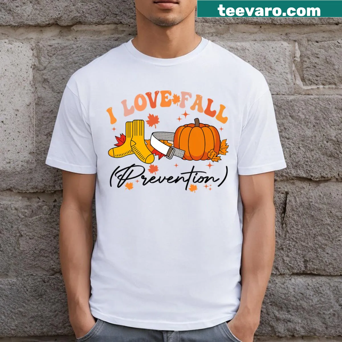 Retro I Love Fall Prevention T-shirt with vintage typography — on a men's t-shirt