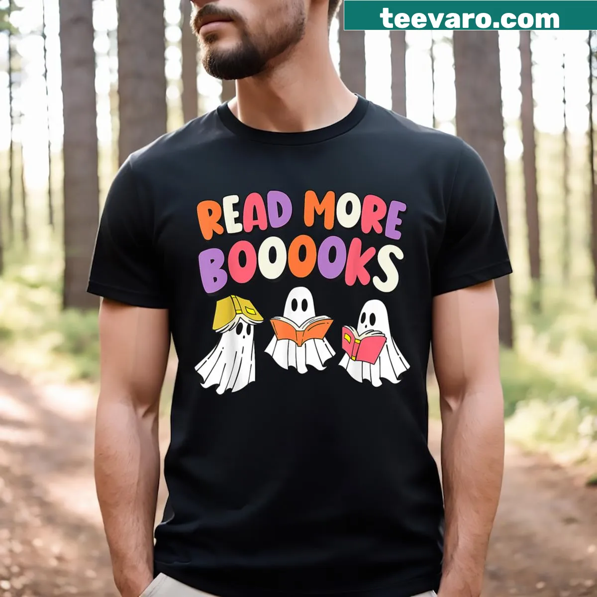 Cute ghost with 'Read More Books' text on Halloween T-shirt — on a men's t-shirt