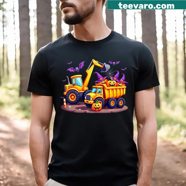 Kids t-shirt featuring an excavator truck and pumpkin
