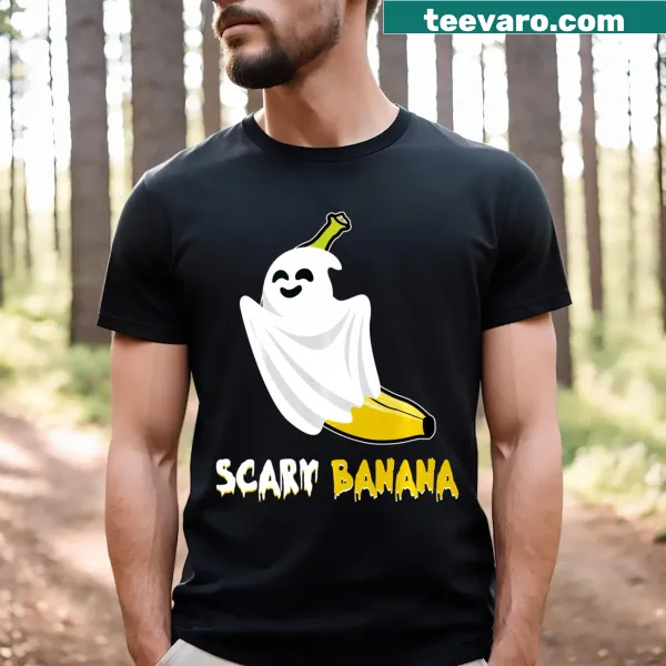 Children's Halloween t-shirt featuring a funny banana and cartoon ghosts