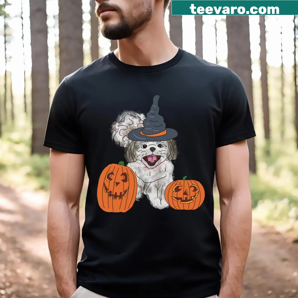 Cute Halloween-themed Shih Tzu and pumpkin graphic on a t-shirt — on a men's t-shirt