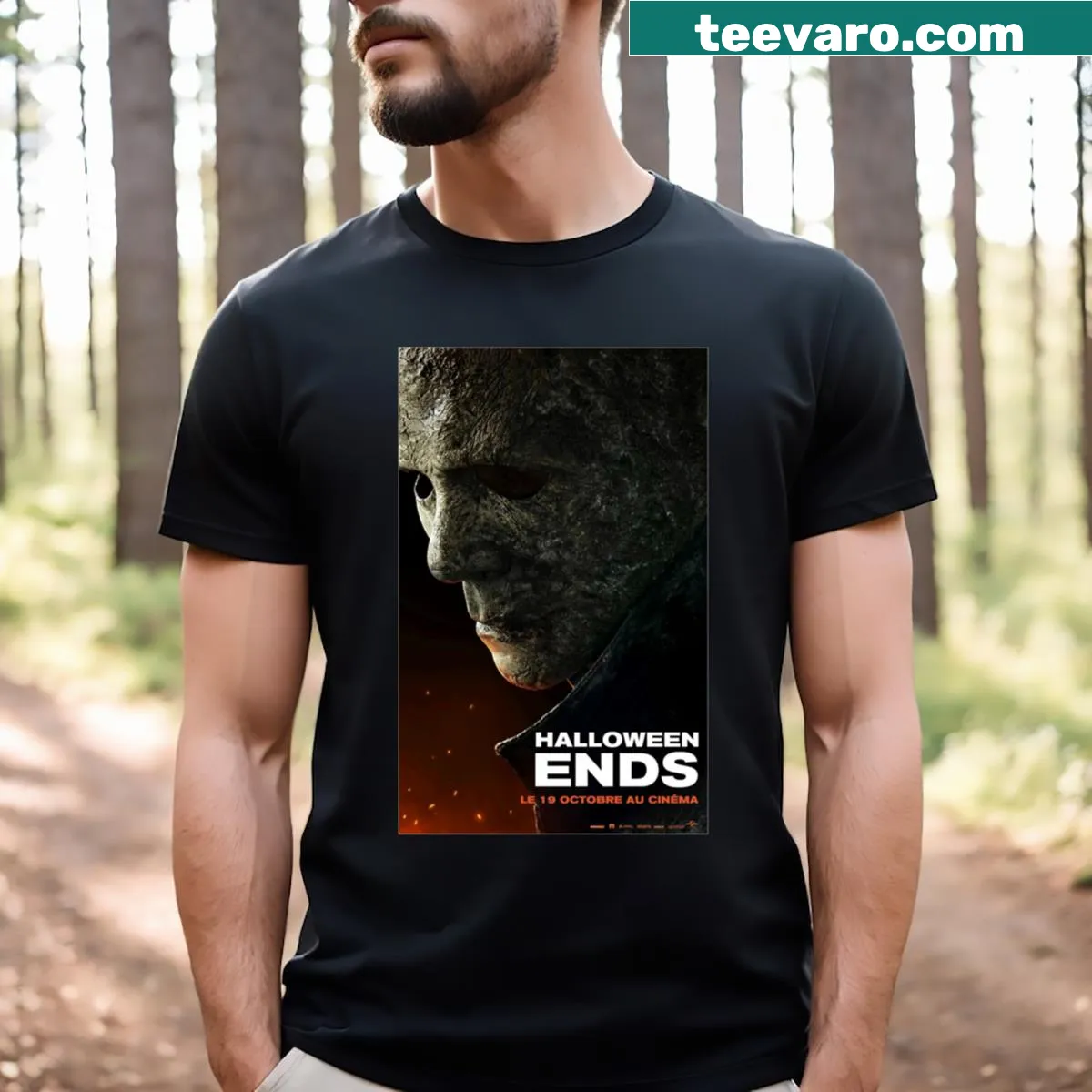 Halloween Ends t-shirt with minimalist typography — on a men's t-shirt