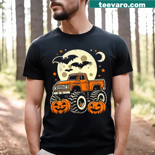 Monster truck driving over a pumpkin in a Halloween-themed design