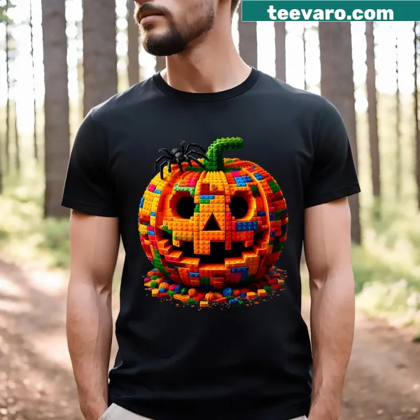 Kid's Halloween t-shirt featuring a pumpkin and building blocks design