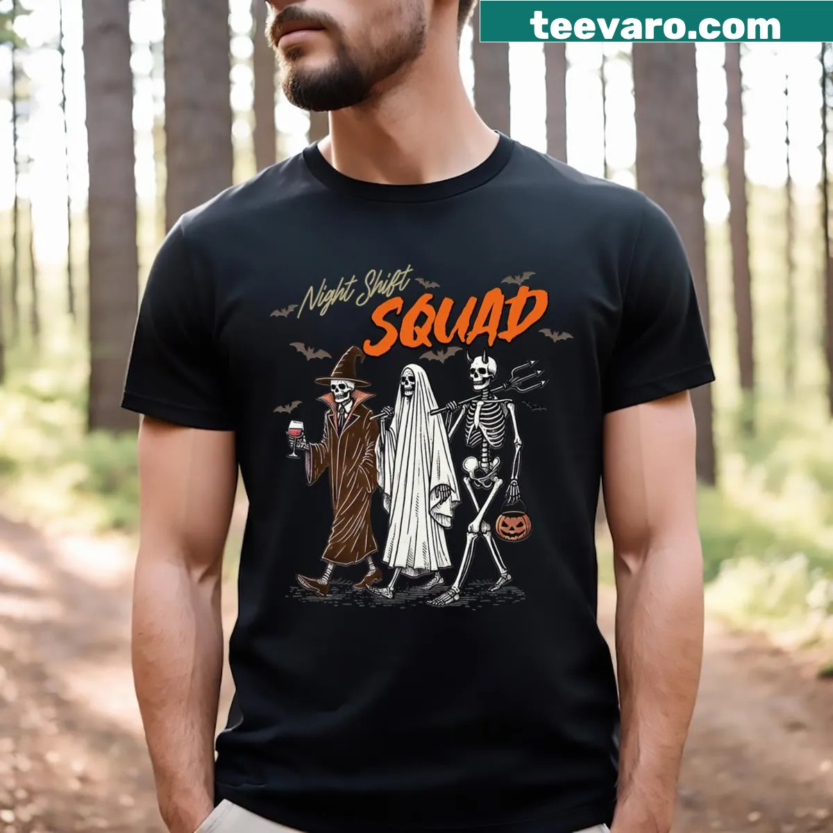 Skeleton nurse graphic on Halloween-themed t-shirt — on a men's t-shirt