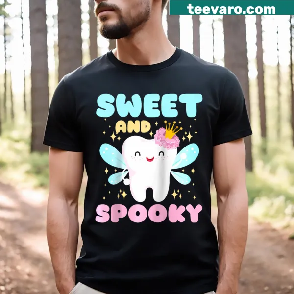 Funny Halloween raglan tee featuring a tooth graphic and playful text.