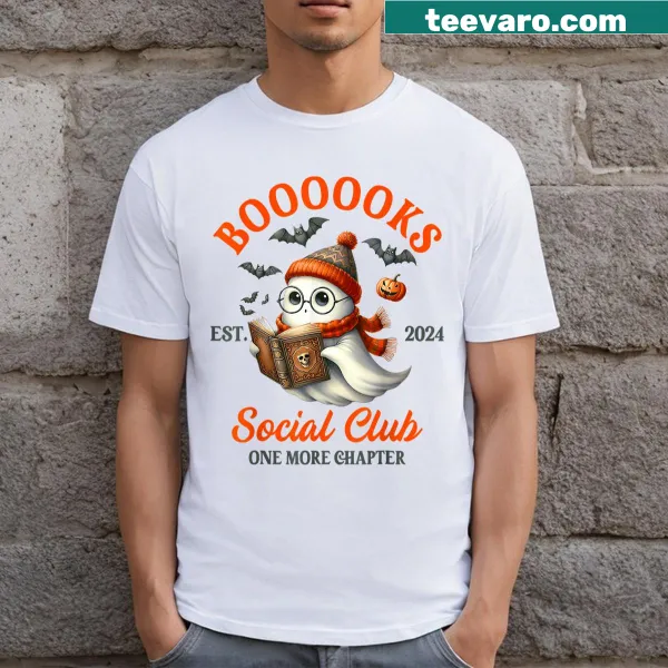 Children's Halloween tee with 'Booooks Social Club' text and graphic.