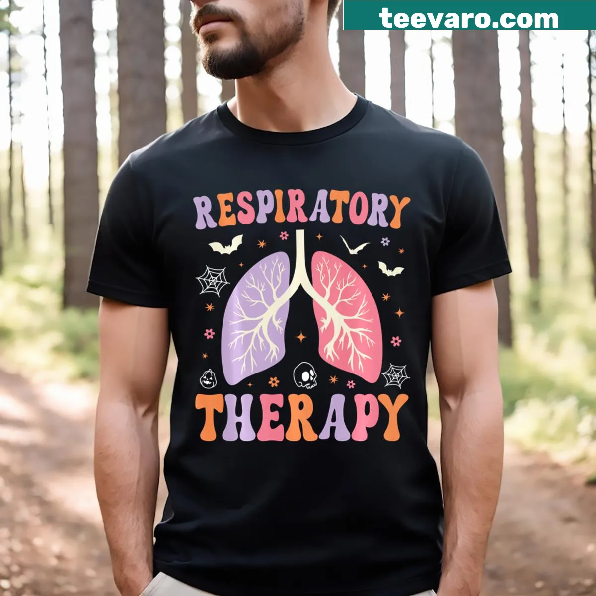 Halloween T-shirt for respiratory therapists featuring a clever design. — on a men's t-shirt