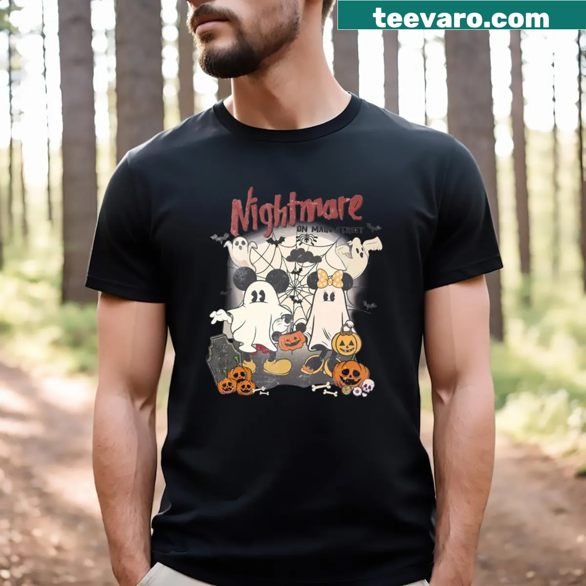 Vintage-style T-shirt with a spooky street scene for Halloween — on a men's t-shirt