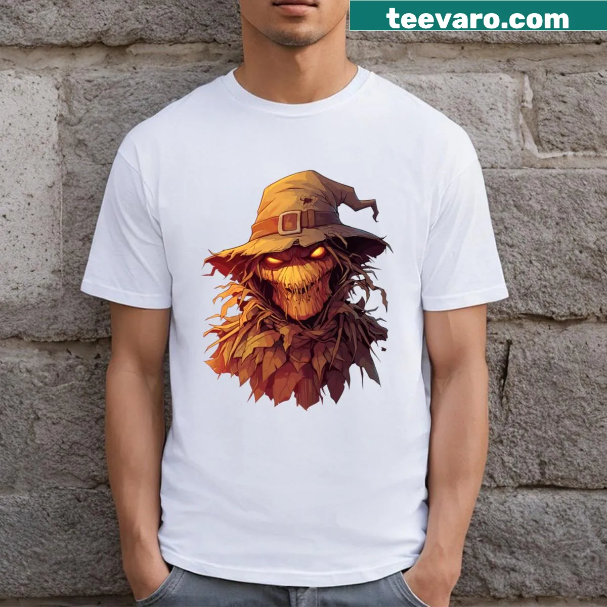 T-shirt featuring a chilling scarecrow graphic for Halloween. — on a men's t-shirt