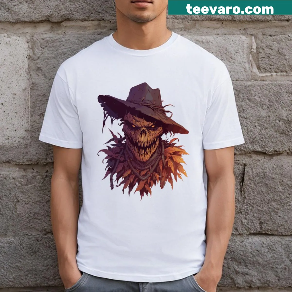 Distressed Halloween t-shirt featuring a sinister scarecrow graphic — on a men's t-shirt