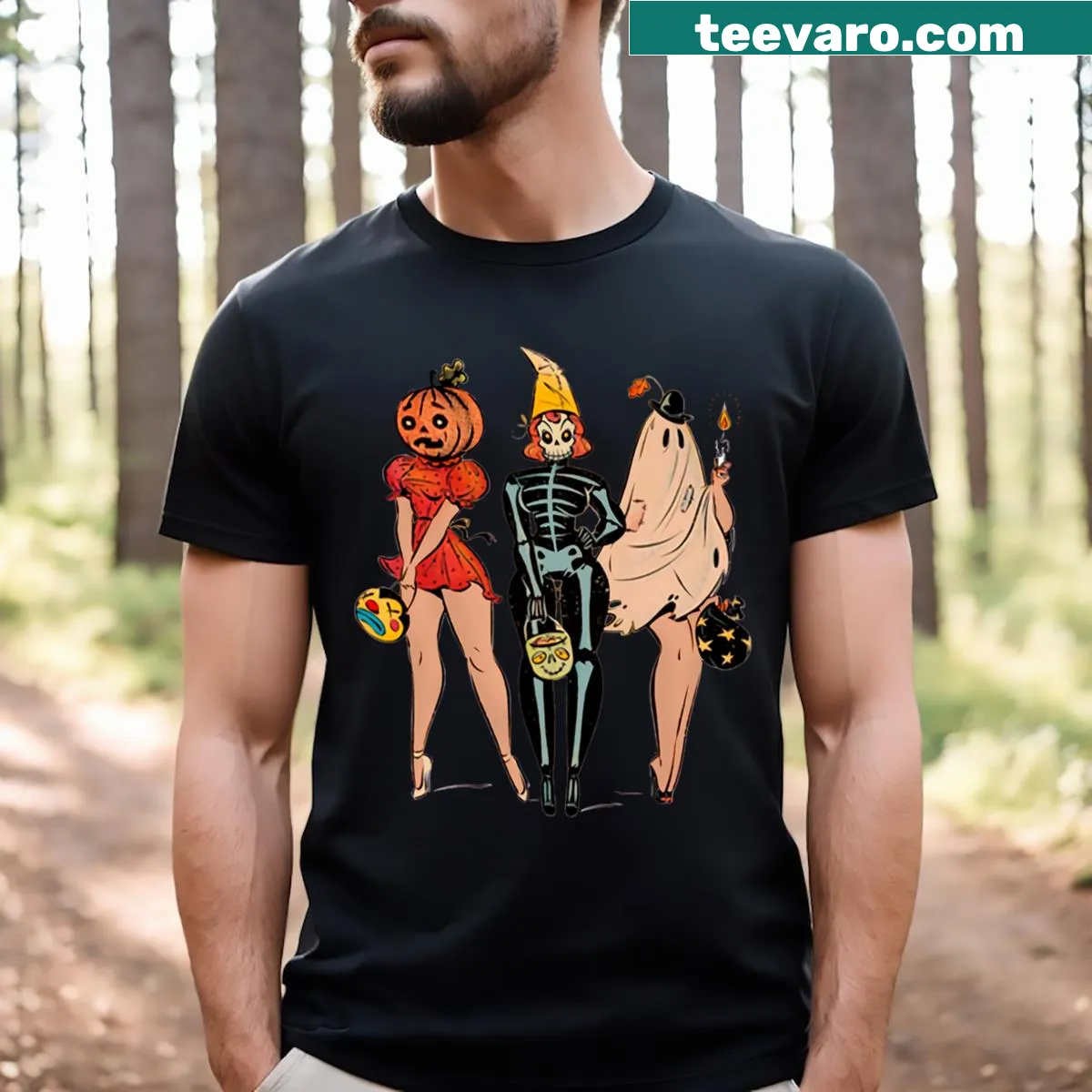 Retro Halloween t-shirt featuring a playful witch pin-up and pumpkin — on a men's t-shirt