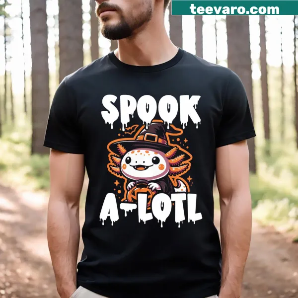 Cartoon axolotl in a costume for Halloween on a fun t-shirt
