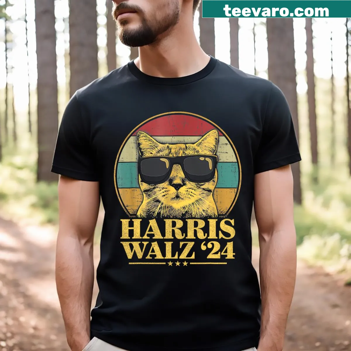 Election-themed T-shirt featuring a cat and Harris Walz text — on a men's t-shirt