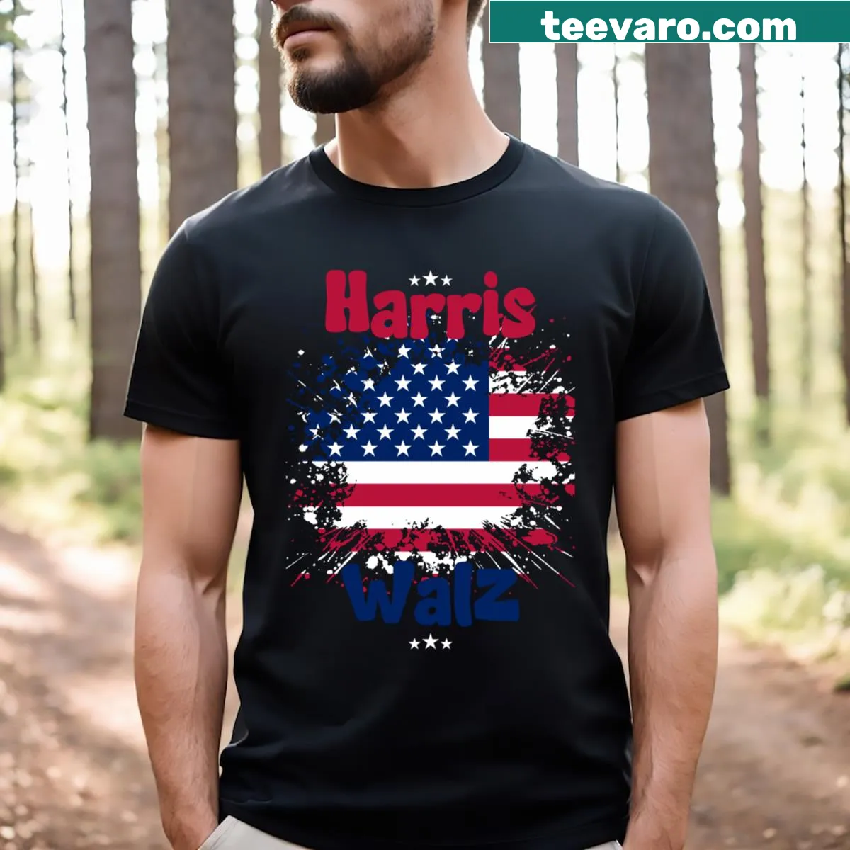 Playful election t-shirt featuring Harris and Walz names — on a men's t-shirt