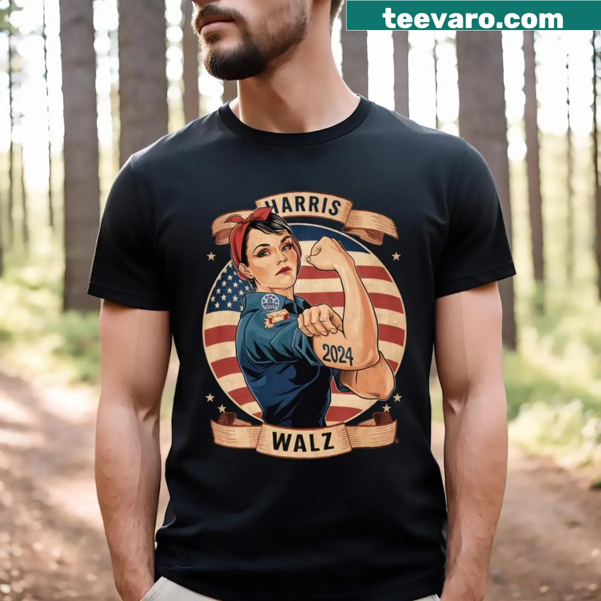Rosie the Riveter graphic with Harris Walz 2024 text — on a men's t-shirt