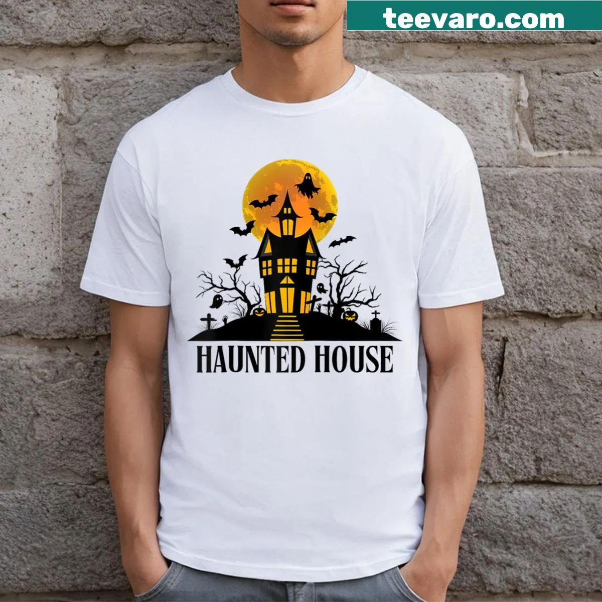 Haunted house illustration on a Halloween raglan baseball tee. — on a men's t-shirt