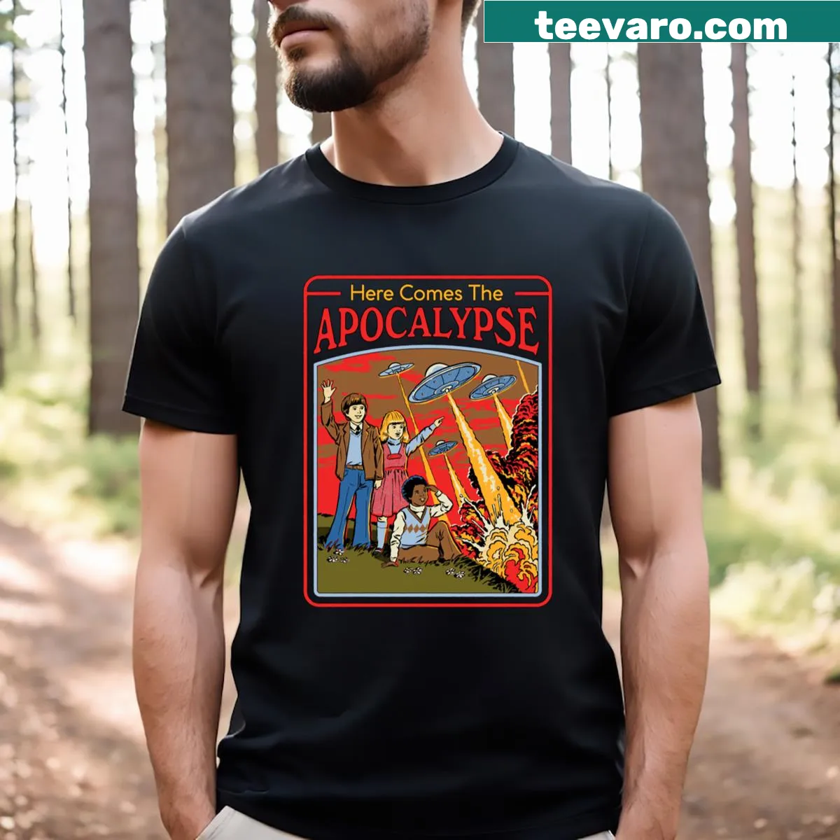 Graphic T-shirt depicting an apocalyptic theme with bold imagery. — on a men's t-shirt