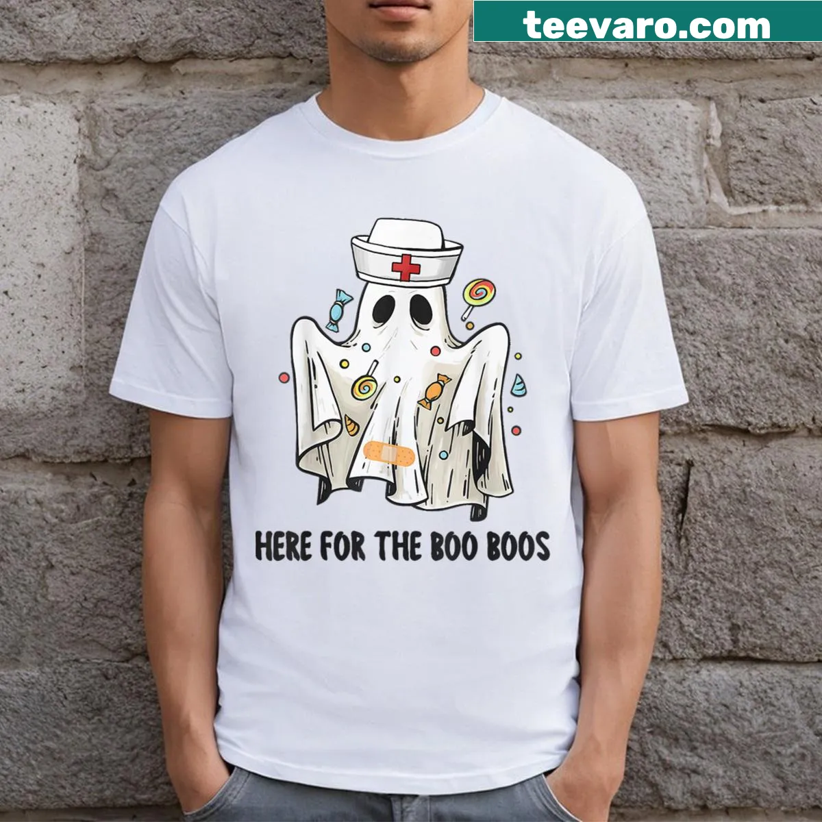 Halloween-themed T-shirt with 'Here For The Boo Boos' for nurses. — on a men's t-shirt