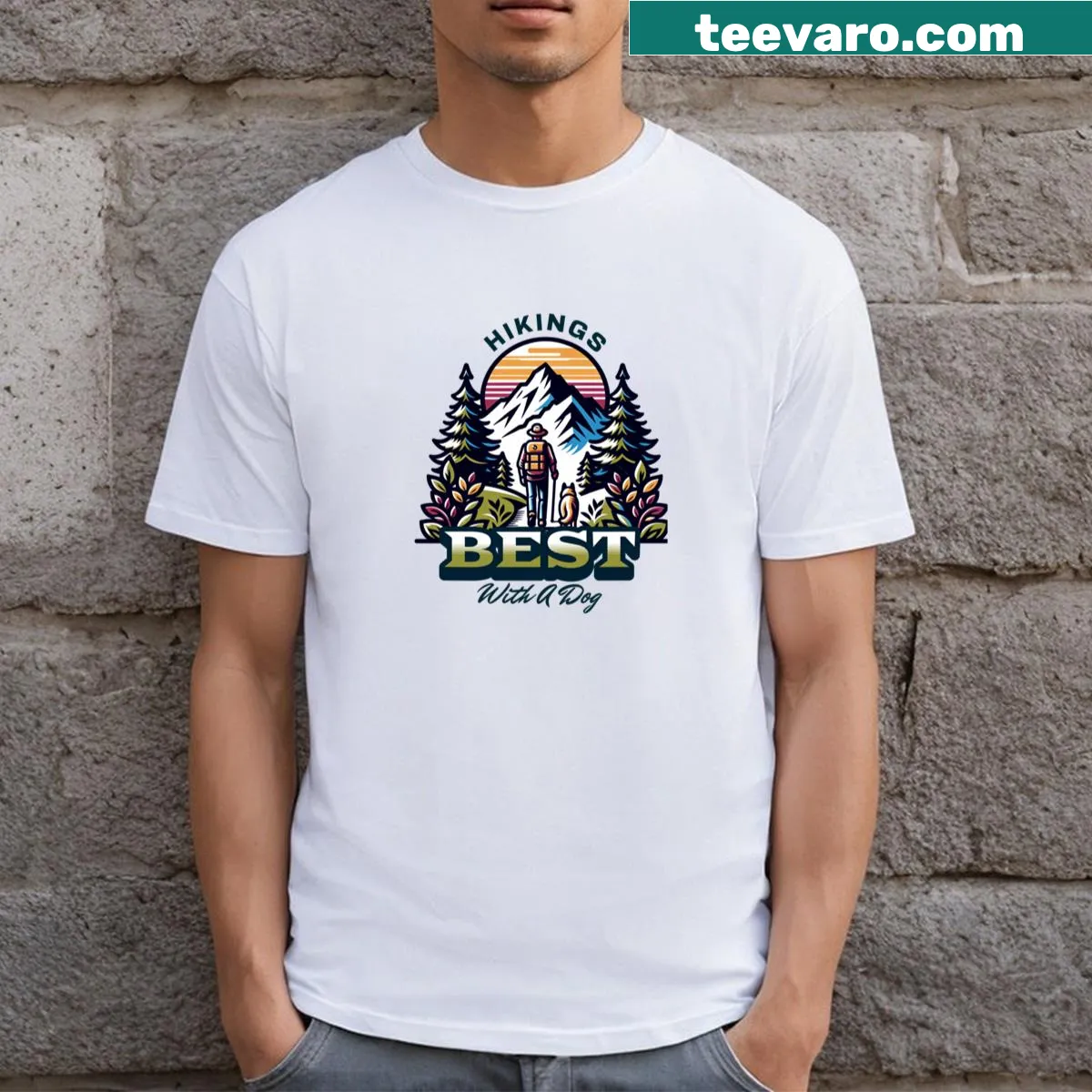 Illustrative T-shirt with 'Hikings Best With A Dog' theme for dog lovers. — on a men's t-shirt