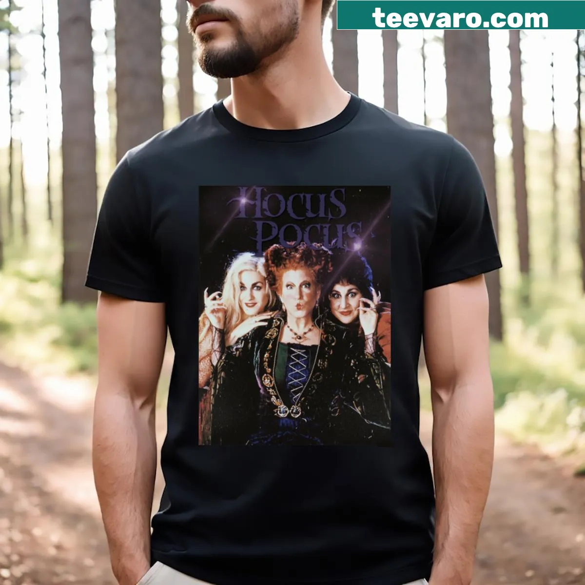 T-shirt featuring iconic imagery from the Hocus Pocus film. — on a men's t-shirt