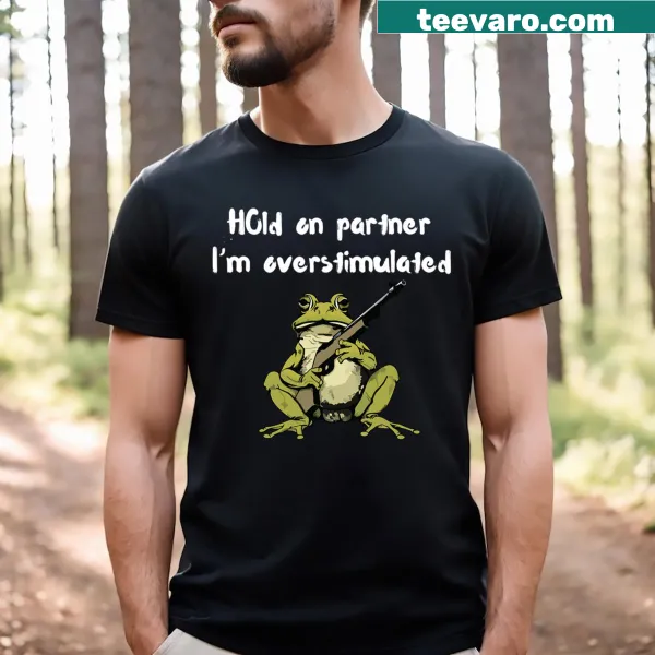 Vintage-style frog with a gun and humorous text on a T-shirt