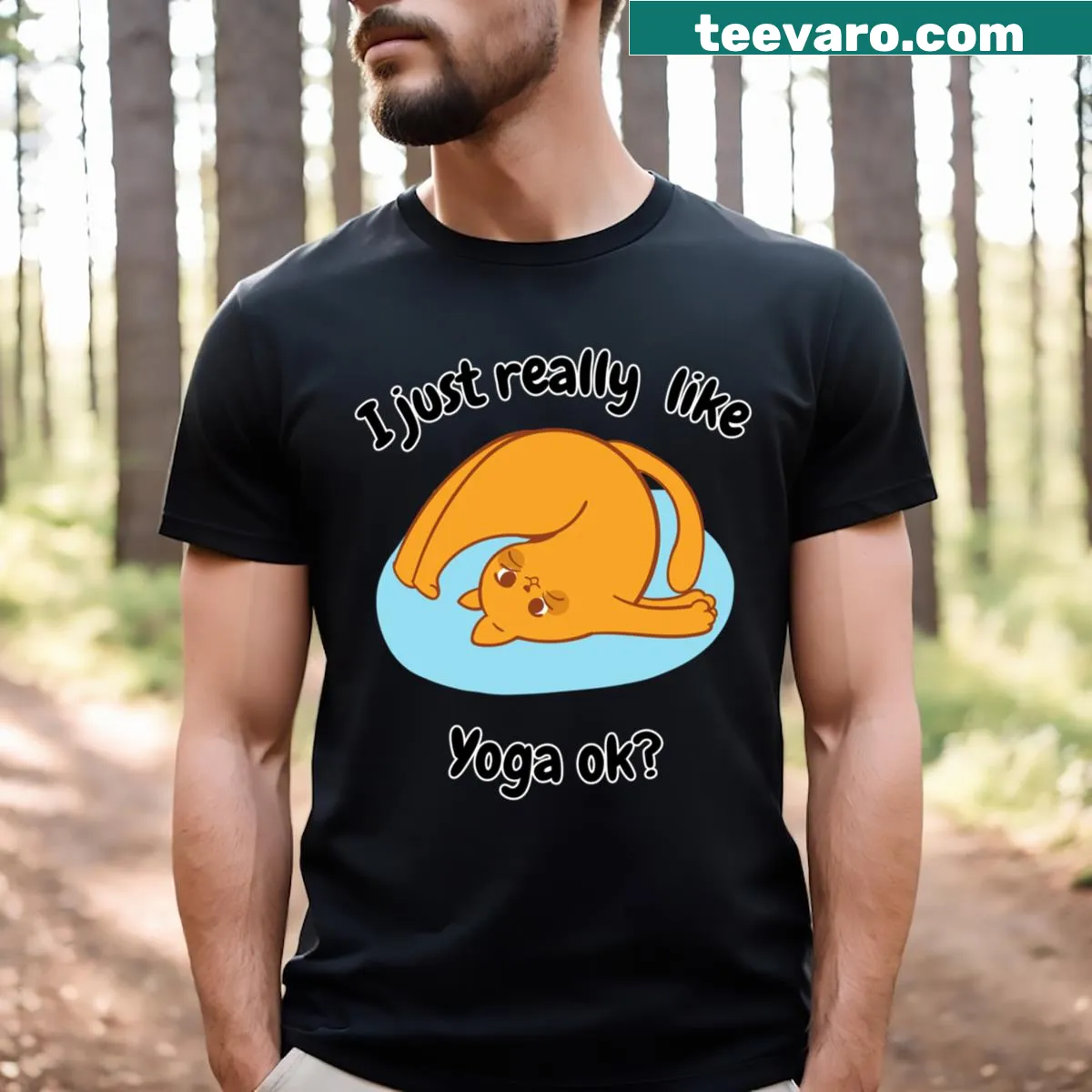 T-shirt with a playful cat illustration and text about loving yoga — on a men's t-shirt