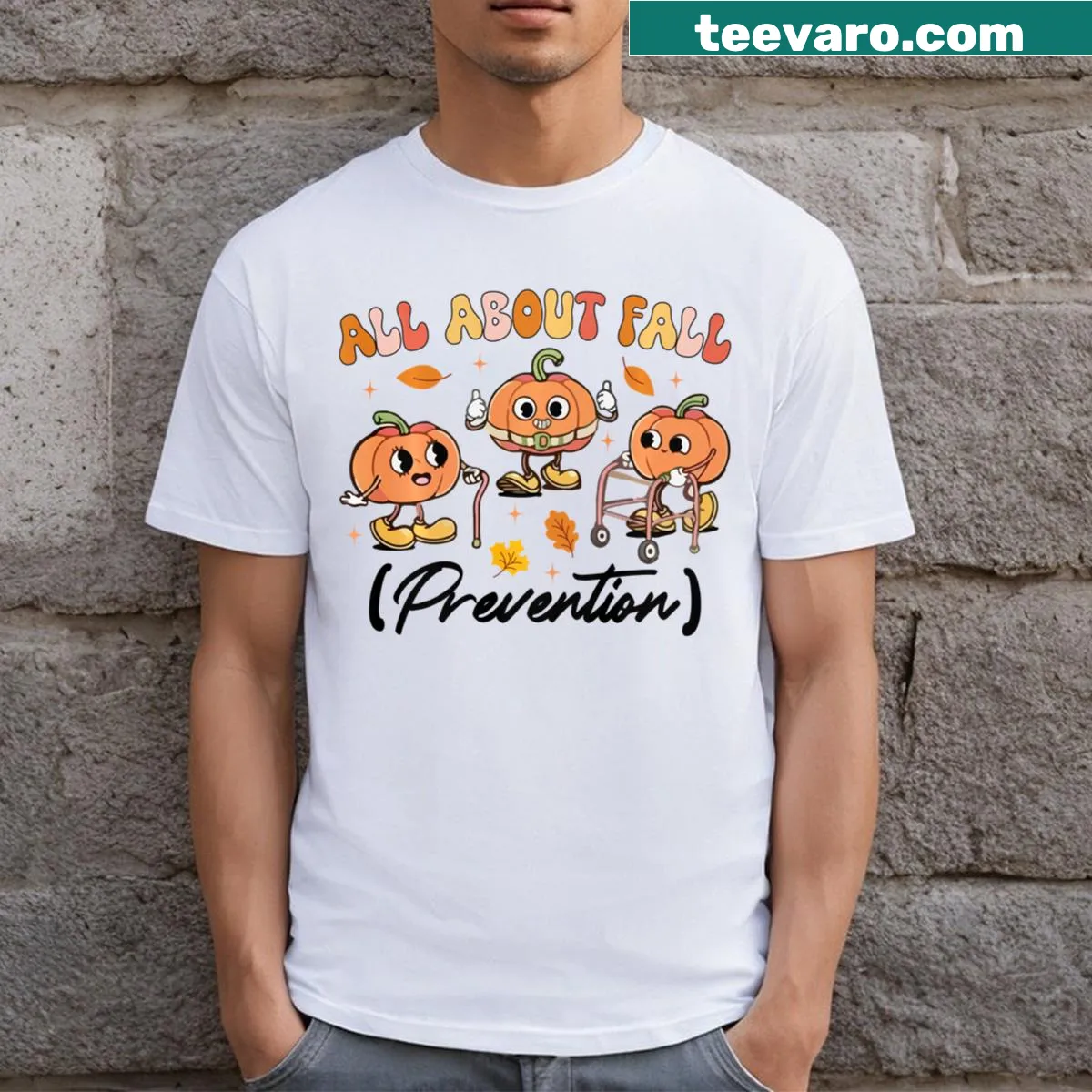 Retro-style shirt promoting fall prevention with groovy typography. — on a men's t-shirt
