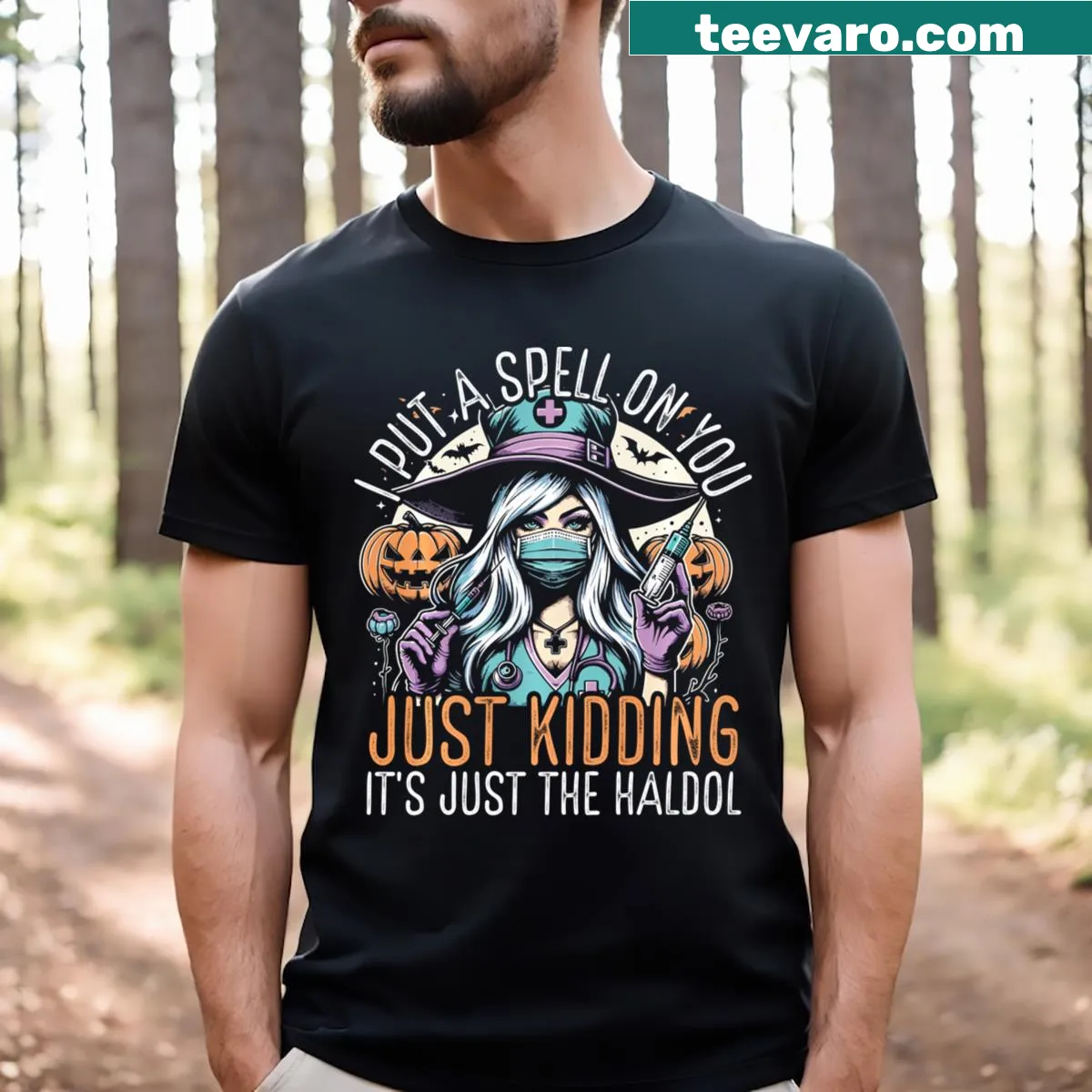 Halloween T-shirt for ICU nurses with a nursing-themed design — on a men's t-shirt