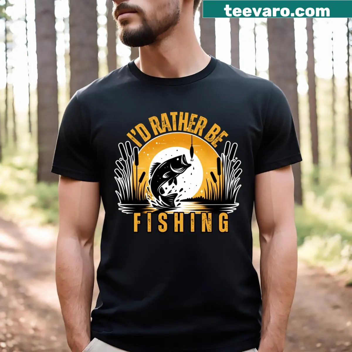 Text 'I'd Rather Be Fishing' on a casual fishing-themed t-shirt — on a men's t-shirt