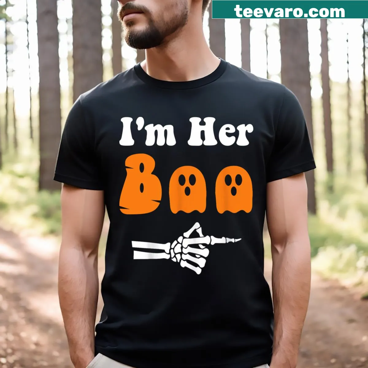 Matching couple t-shirts for Halloween, saying 'I'm Her Boo' and 'I'm His Ghoul' — on a men's t-shirt