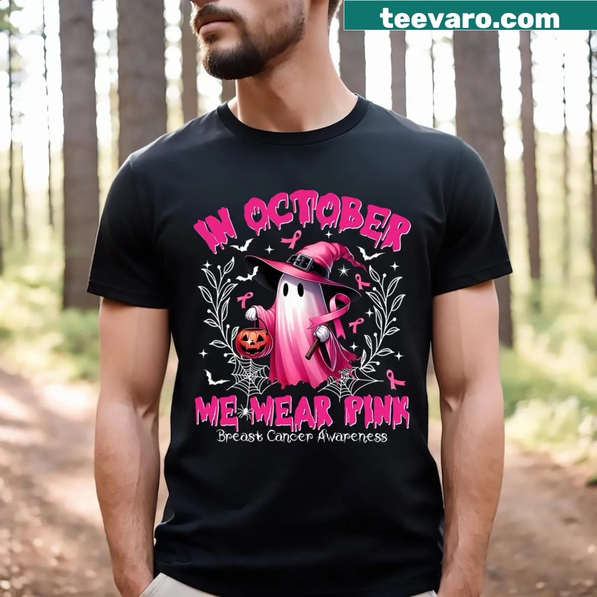 Breast Cancer Awareness T-shirt featuring a ghost witch design — on a men's t-shirt