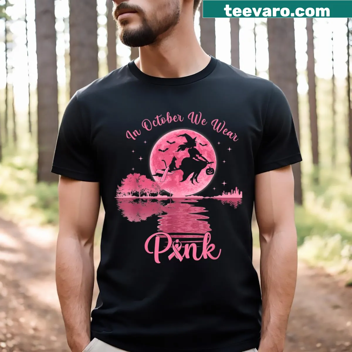 Breast Cancer Awareness Halloween T-shirt with witch graphic — on a men's t-shirt