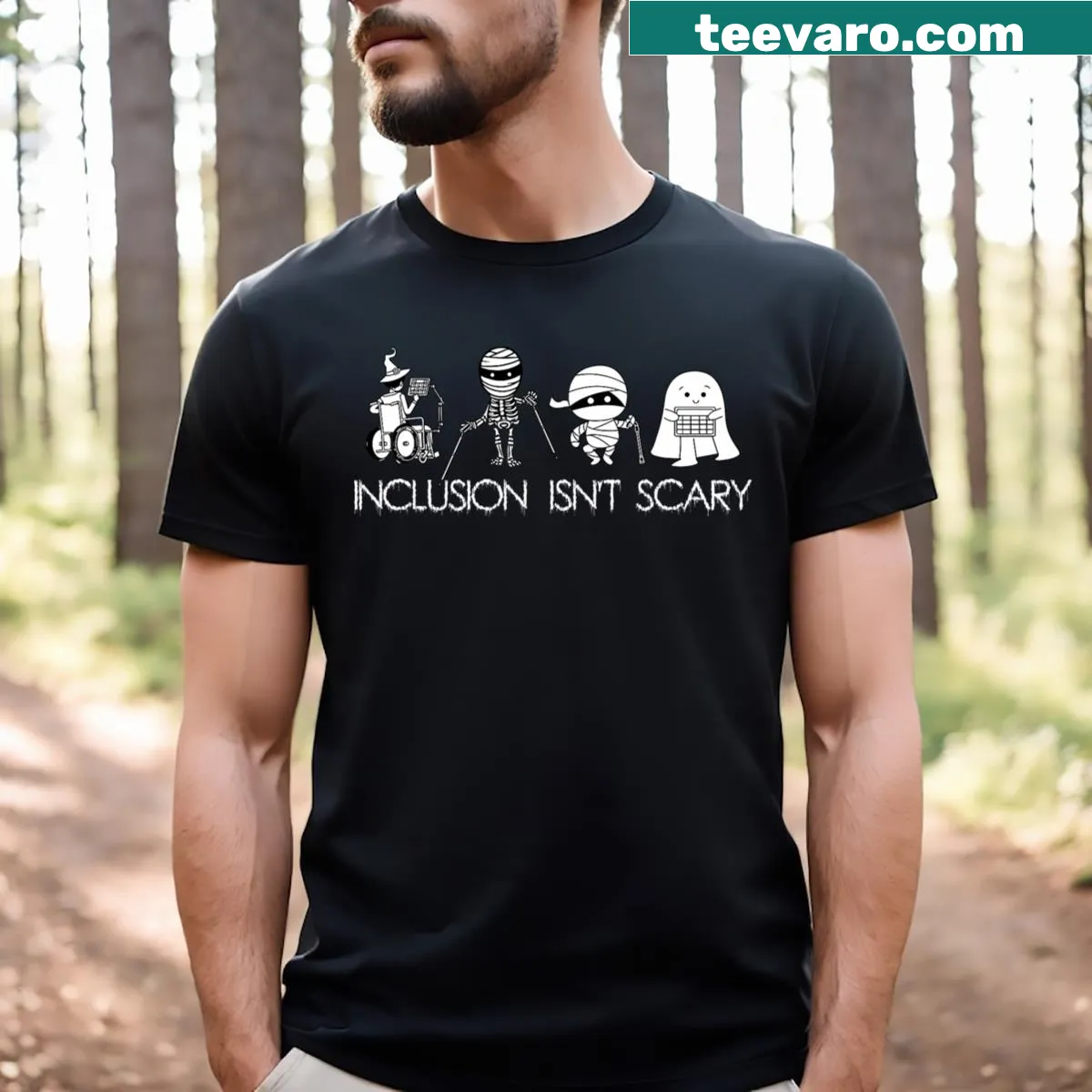 Halloween t-shirt with ghost and mummy illustrations, promoting inclusion — on a men's t-shirt