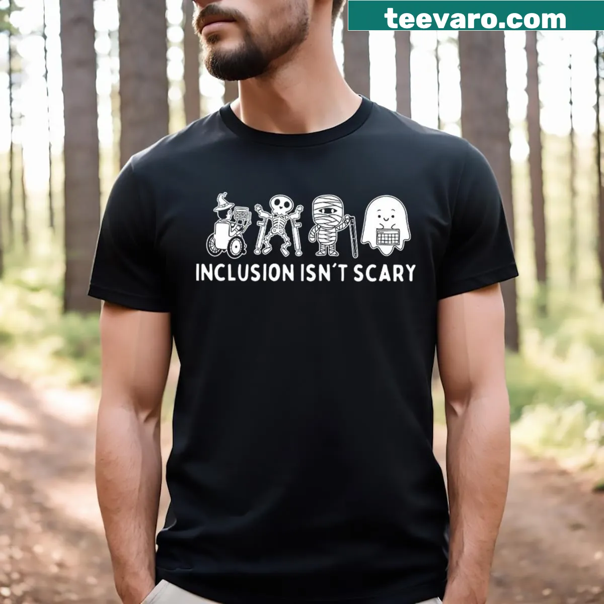 Cute Halloween t-shirt with skeleton and ghost illustrations, promoting inclusion — on a men's t-shirt