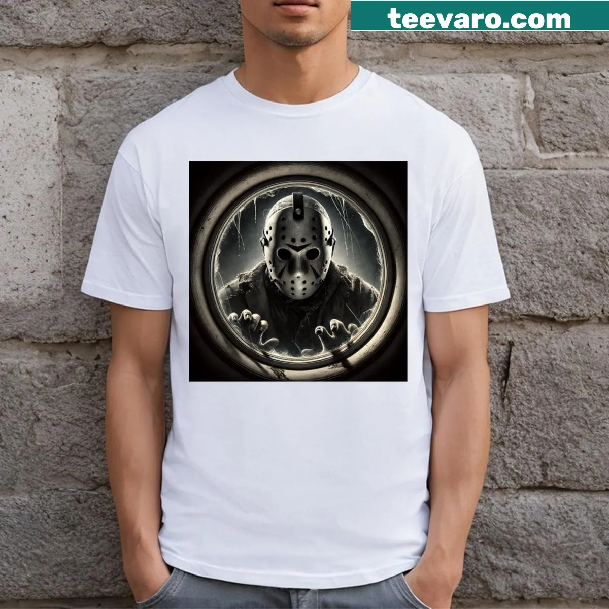 Illustrative design of Jason Voorhees for horror fans — on a men's t-shirt