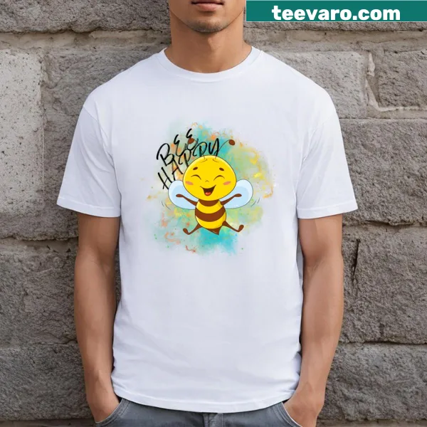 Cute t-shirt with a bee and the phrase 'Just Bee Happy'