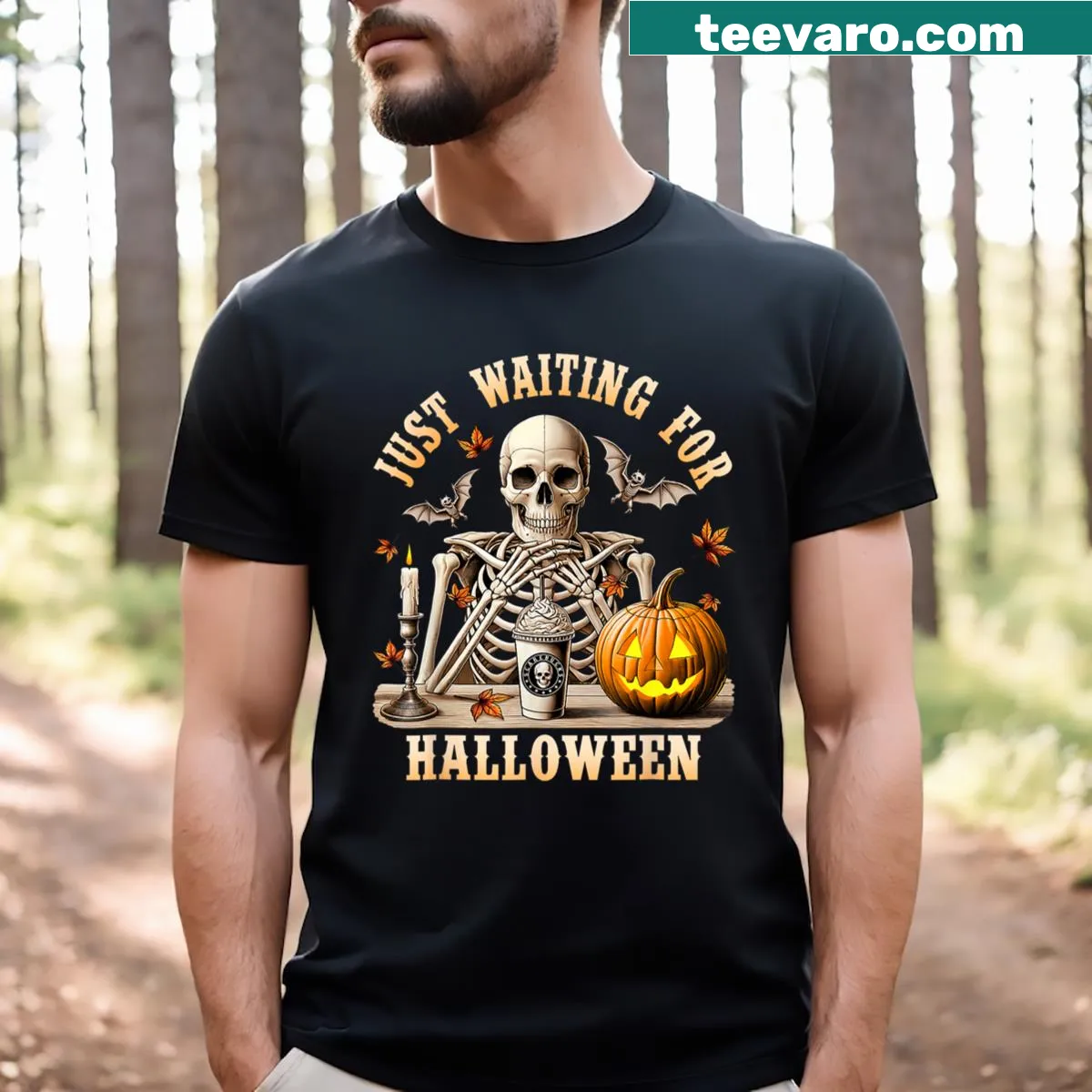 Skeleton holding coffee cup Halloween T-shirt design — on a men's t-shirt