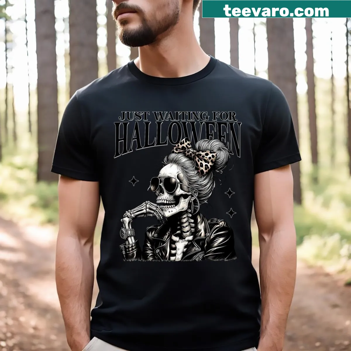 Cheerful skeleton graphic on a spooky season t-shirt — on a men's t-shirt