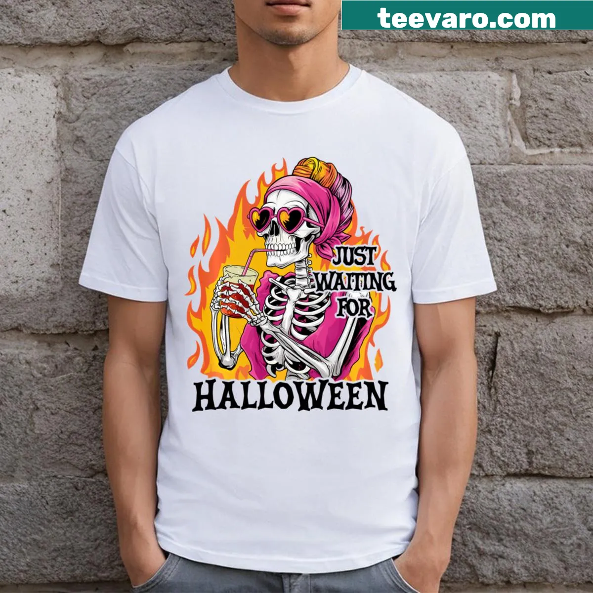 Summer-themed skeleton graphic Halloween T-shirt — on a men's t-shirt