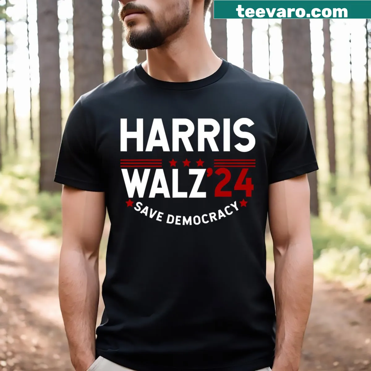 Halloween-themed T-shirt with Kamala Harris and Tim Walz — on a men's t-shirt