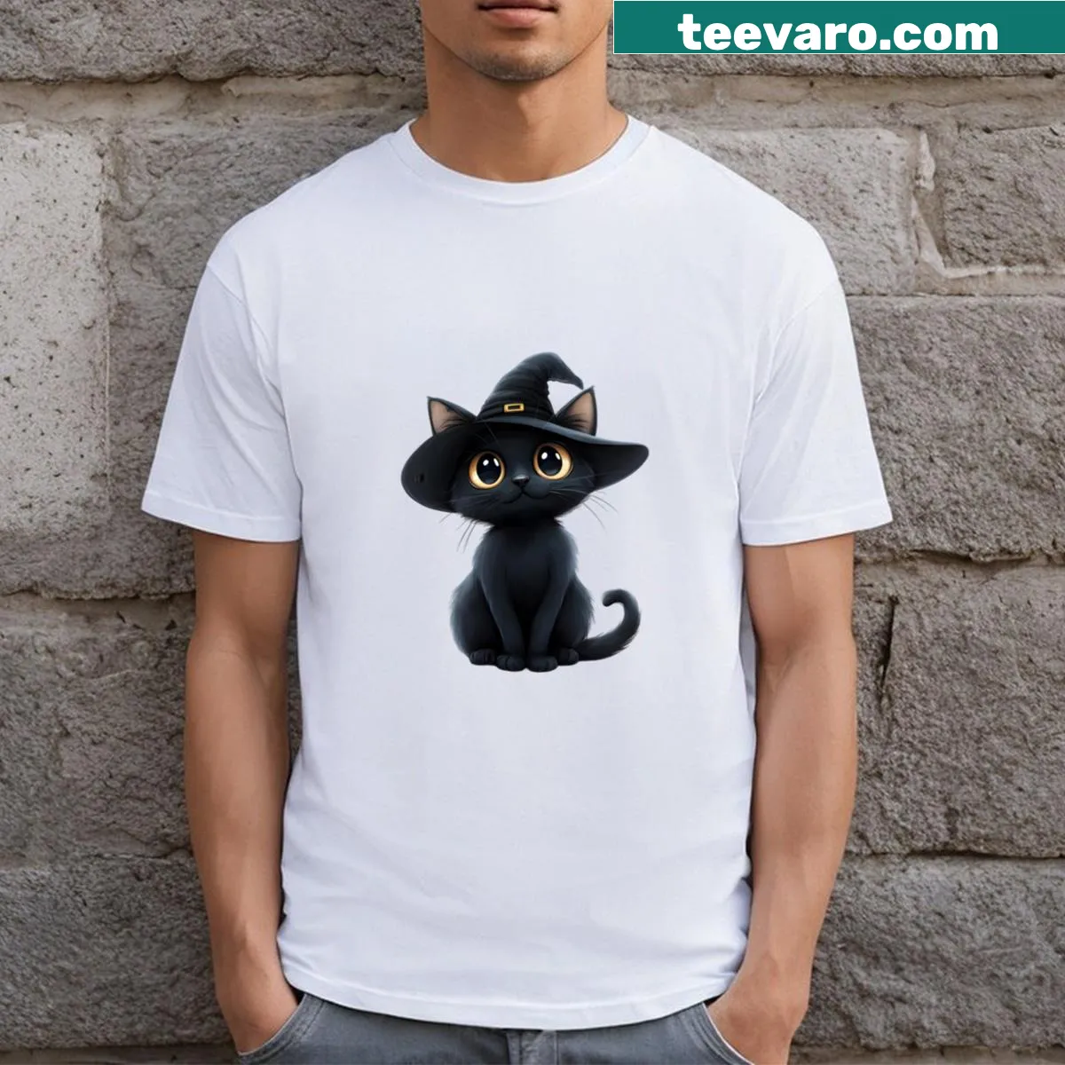 Kawaii black cat wearing a witch hat graphic T-shirt — on a men's t-shirt