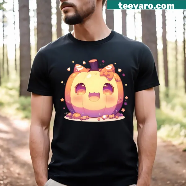 Cute chibi characters with Halloween candy on T-shirt