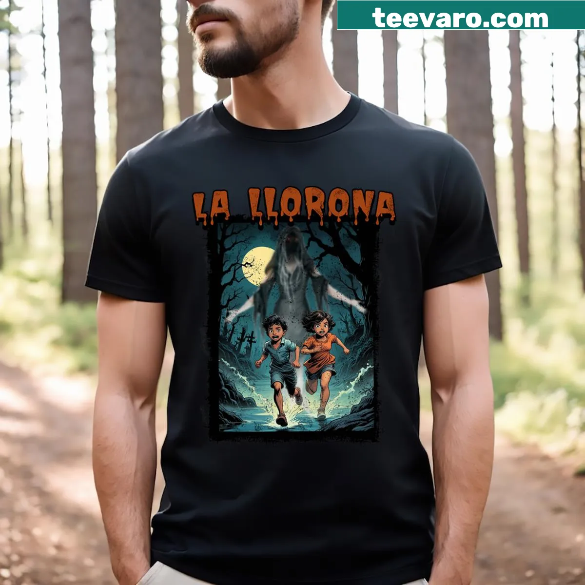 Cultural t-shirt featuring La Llorona for Halloween and Dia De Muertos — on a men's t-shirt