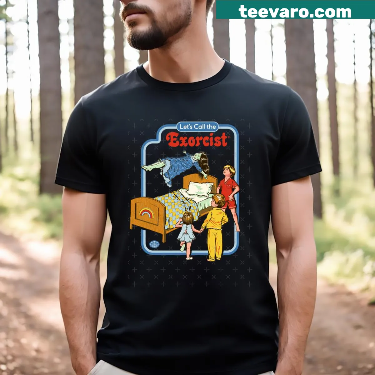 Humorous horror-themed T-shirt saying 'Let's Call The Exorcist' — on a men's t-shirt