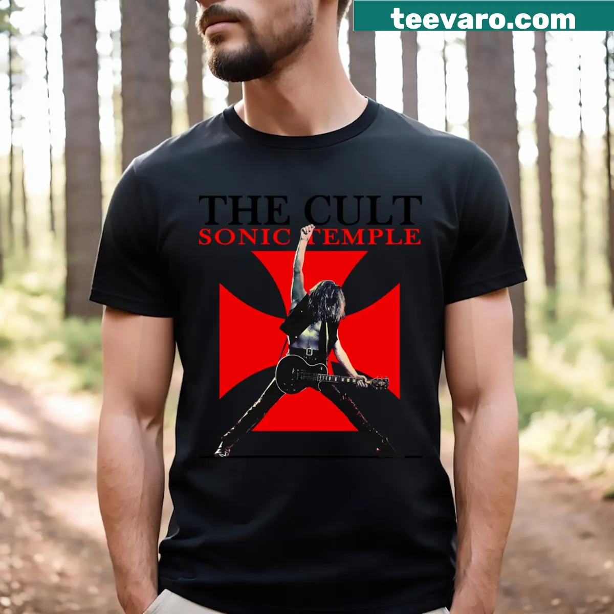 Vintage concert t-shirt with iconic band logos and a worn background — on a men's t-shirt