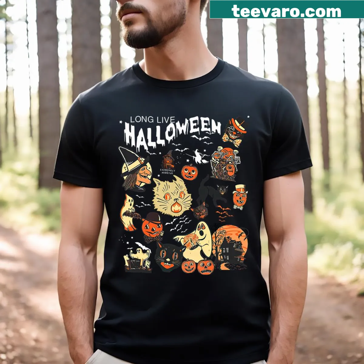 Halloween t-shirt featuring a spooky witch, black cat, and Jack O Lantern — on a men's t-shirt