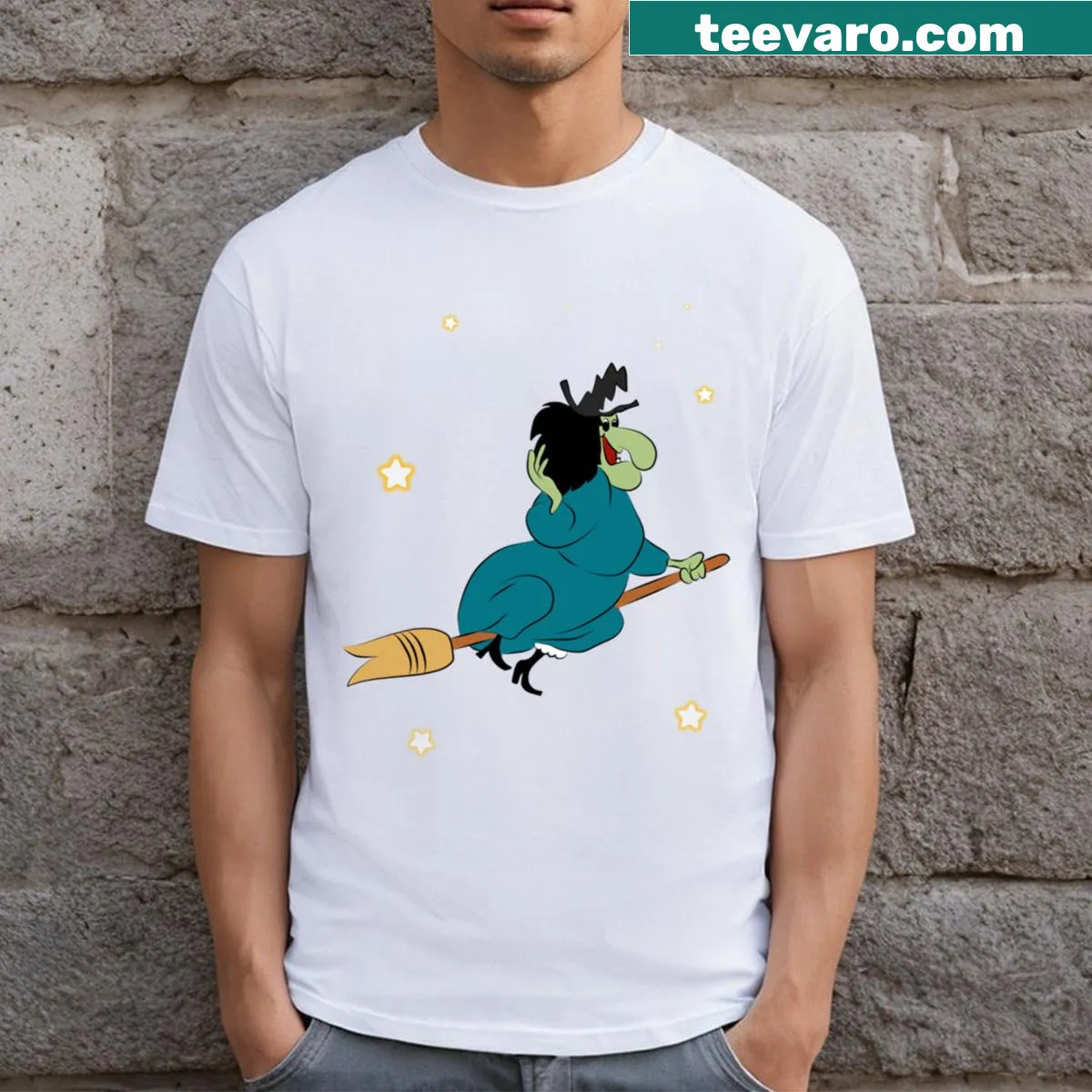 Playful cartoon witch graphic t-shirt for Halloween — on a men's t-shirt